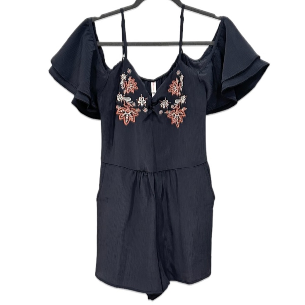 Xhilaration Gray Floral Embroidered Cold Shoulder Romper NEW